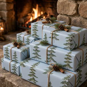 Papel De Regalo Pino Invernal Acuarela Moderna Azul Claro