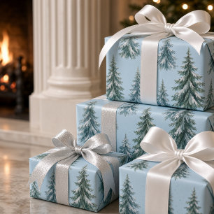 Papel De Regalo Pino Invernal Acuarela Nevada Azul Claro