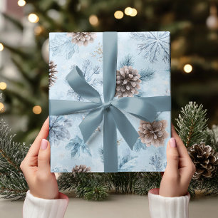 Papel De Regalo Pino Invernal Azul Helado Acuarela