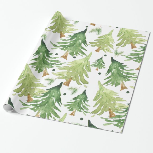 Papel De Regalo Pinos al Acuarela Moderno Rústico (Desenrollado)