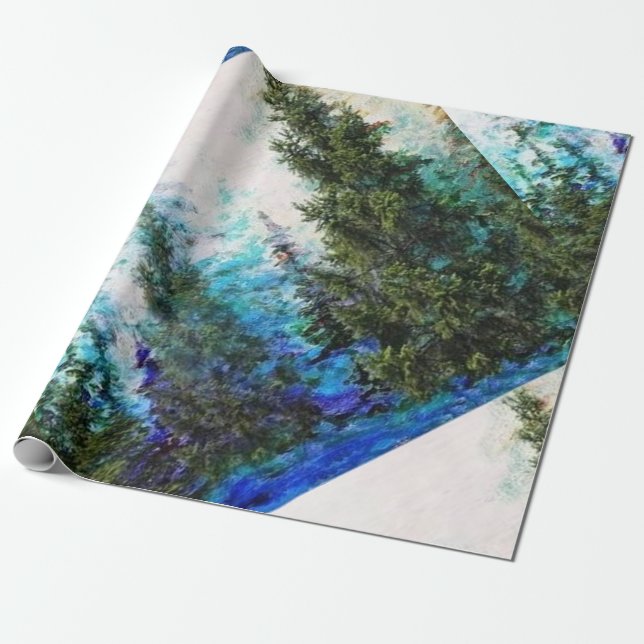 PAPEL DE REGALO PINOS DE MONTAÑA AZULES ESCÉNICOS (Desenrollado)