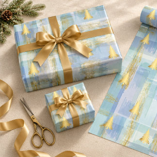 Papel De Regalo Pinos dorados de Navidad y cuadros de pasta
