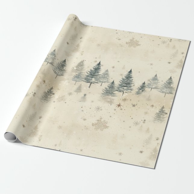 Papel De Regalo Pinos nevados acuarela vintage (Desenrollado)