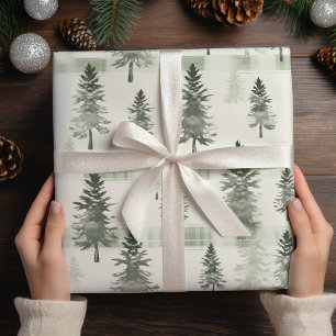 Papel De Regalo Pinos y Navidades de Plaid de color verde salado