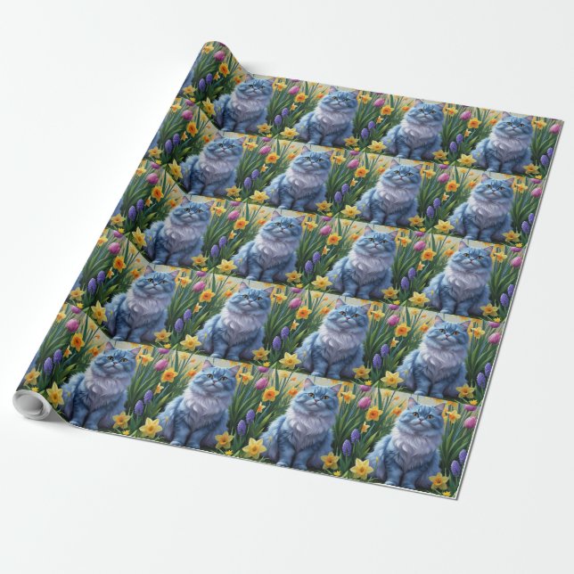 Papel De Regalo Pintado de flores de primavera de gato azul orient (Desenrollado)