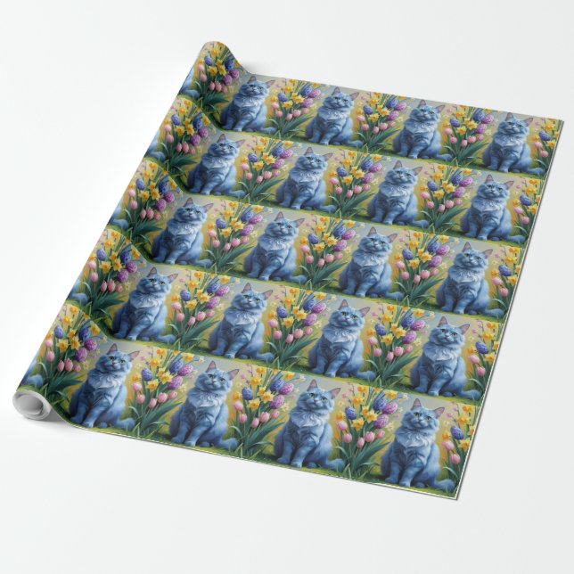 Papel De Regalo Pintado de la primavera del gato azul ruso (Desenrollado)