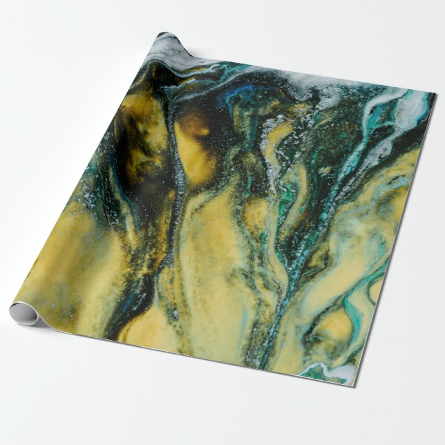 Papel De Regalo Pintura abstracta amarilla, blanca y azul (Desenrollado)