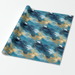Papel De Regalo Pintura abstracta azul, blanca y dorada