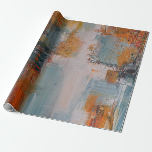 Papel De Regalo pintura abstracta naranja, blanca y verde azulada