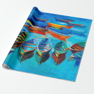 Papel De Regalo  pintura al óleo de barcos y mar sobre lienzo. Sun