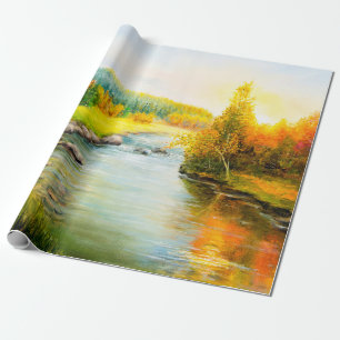 Papel De Regalo  pintura al óleo de bello paisaje otoñal, bosque
