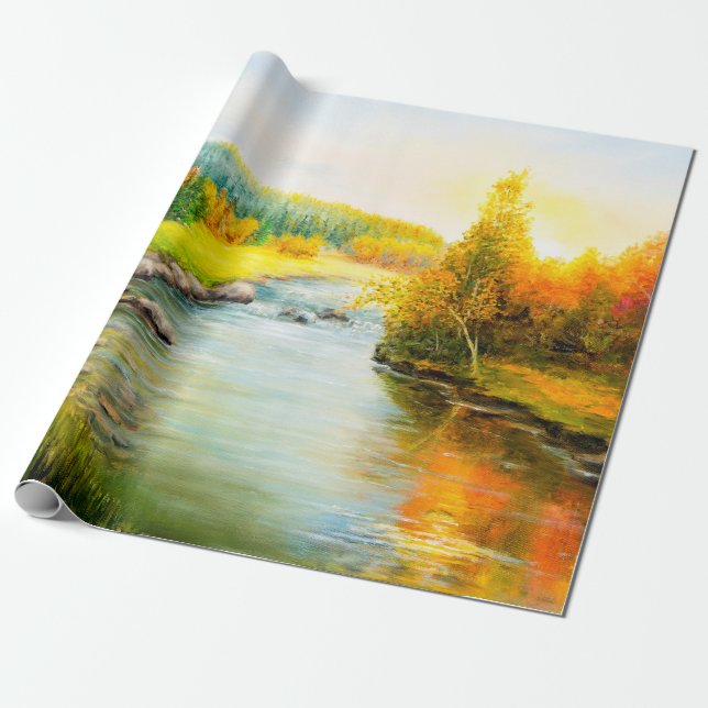 Papel De Regalo  pintura al óleo de bello paisaje otoñal, bosque (Desenrollado)
