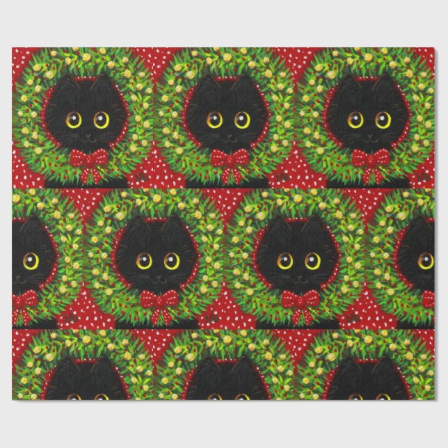 Papel De Regalo Pintura de arte de gato negro para navidades (Superficie plana)