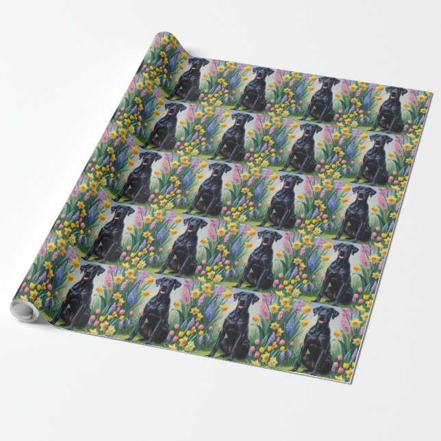 Papel De Regalo Pintura de flores de primavera del gran danés negr (Desenrollado)