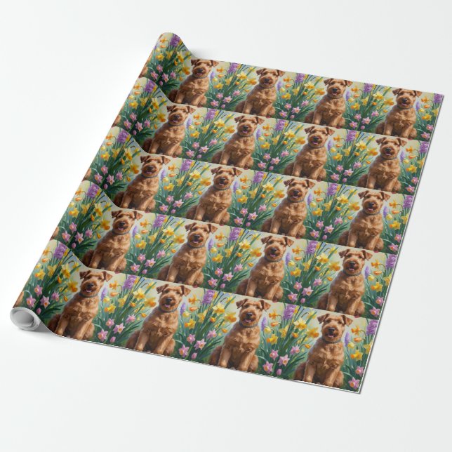 Papel De Regalo Pintura de flores de primavera del perro Airedale (Desenrollado)