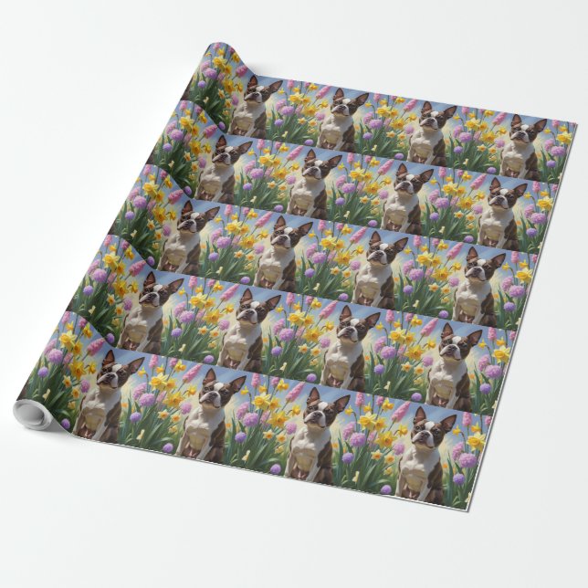 Papel De Regalo Pintura de las flores de la primavera del perro de (Desenrollado)