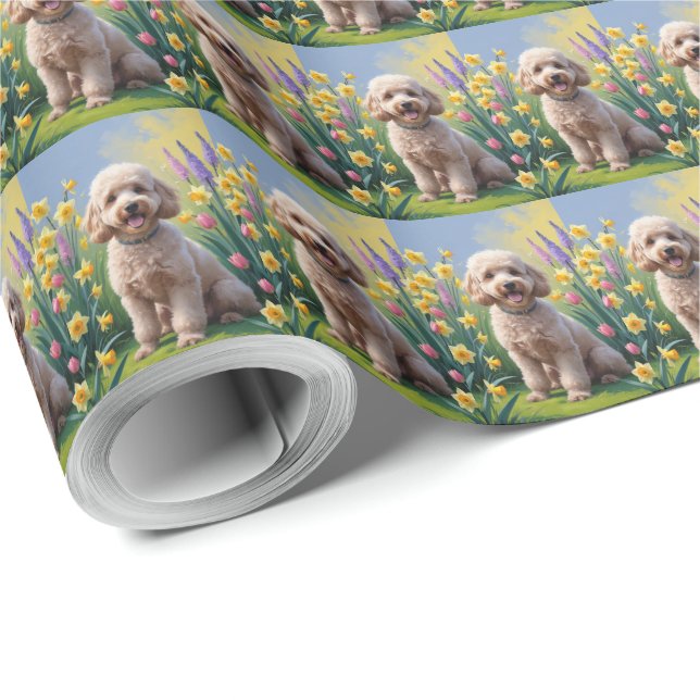 Papel De Regalo Pintura de las flores de primavera de perro canich (Esquina del rollo)