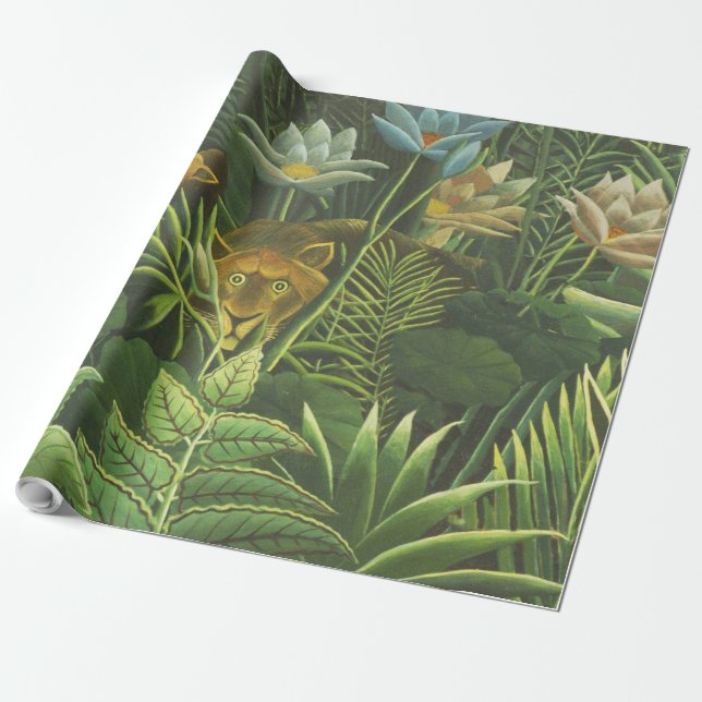 Papel De Regalo Pintura de león de la selva tropical de Rousseau (Desenrollado)