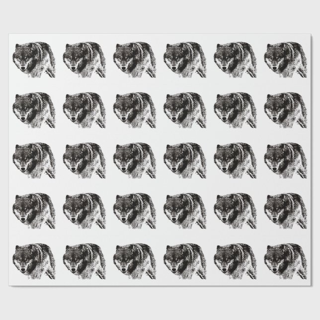Papel De Regalo Pintura de Lobo Salvaje en blanco y negro (Superficie plana)