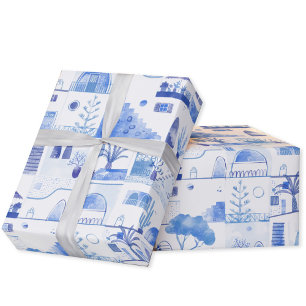 Papel De Regalo Pintura de paisaje urbano de Oia Santorini Grecia 