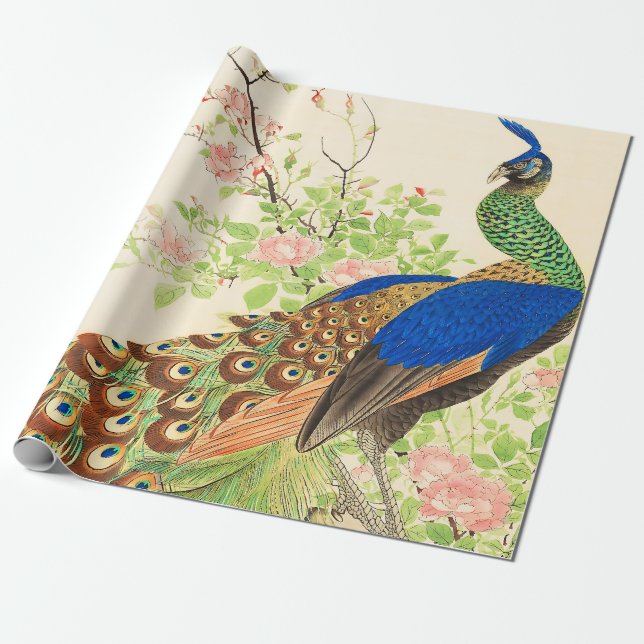 Papel De Regalo Pintura de pavo real y flores (Desenrollado)