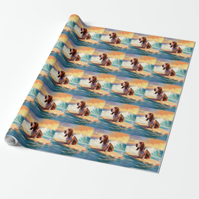 Papel De Regalo Pintura de surf en Basset Hound Beach (Desenrollado)