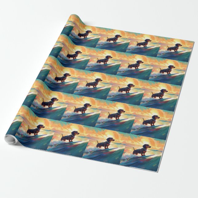 Papel De Regalo Pintura de surf en la playa de Dachshund (Desenrollado)