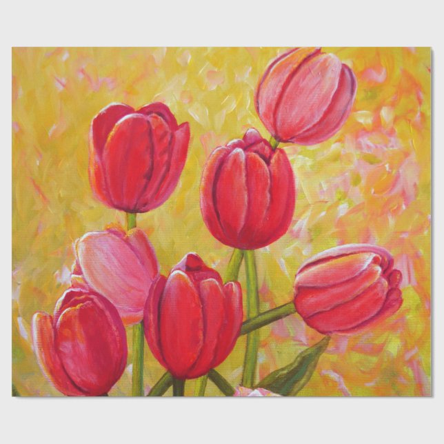 Papel De Regalo Pintura de tulipanes rosados y rojos (Superficie plana)