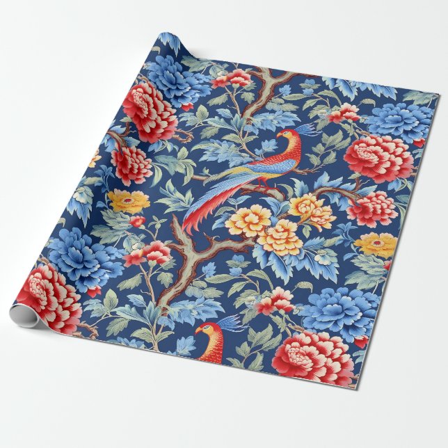 Papel De Regalo Pintura floral de aves de Chinoiserie (Desenrollado)