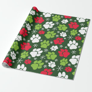 Papel De Regalo Pinturas de perro y copos de nieve Navidades verde