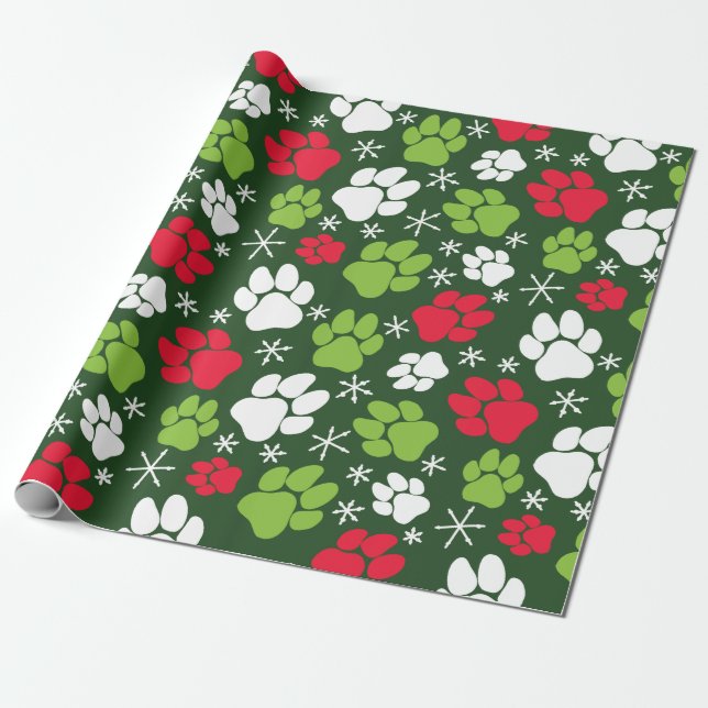 Papel De Regalo Pinturas de perros y copos de nieve Navidades verd (Desenrollado)