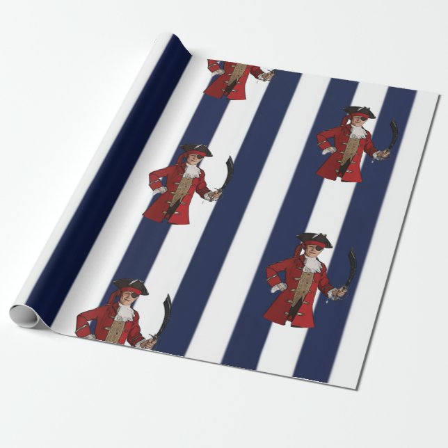 Papel De Regalo Pirata de niños de franjas azules náuticas (Desenrollado)