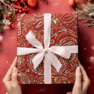 Papel De Regalo Pisley floral dorada y roja oscura y brillante