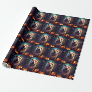 Papel De Regalo Pitbull De Halloween Con Calabazas Asustadas