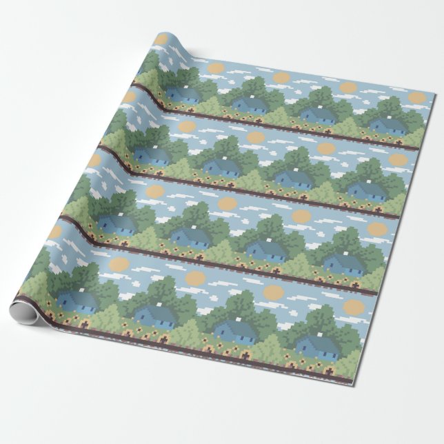 Papel De Regalo Pixel Countryside House Landscape Pattern (Desenrollado)