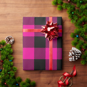 Papel De Regalo Plaid de búfalo negro y rosa caliente de Navidad