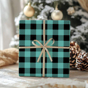Papel De Regalo Plaid de búfalo negro y verde azulado Gingham Leñ
