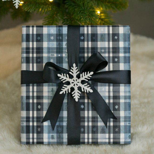 Papel De Regalo Plaid de Navidad Copo de Nieve & Árbol  (Christmas Plaid Wrapping Paper Snowflake & Tree Design)