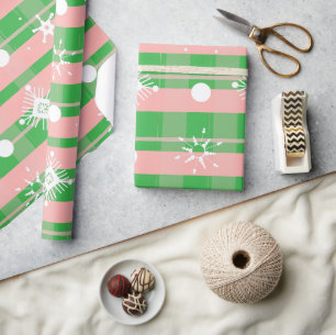 Papel De Regalo Plaid de Navidad Rosa Verde Copos de Nieve Lindos