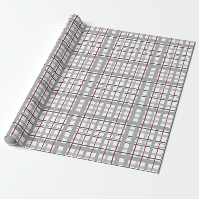 Papel De Regalo Plaid Happy Celebration Gray Silver Red Plaid (Desenrollado)