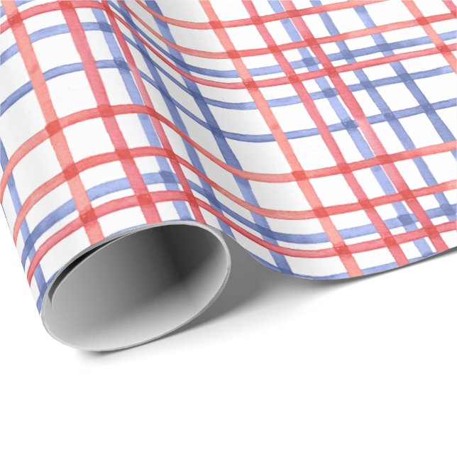 Papel De Regalo Plaid Rojo Blanco y Azul Acuarela (Esquina del rollo)