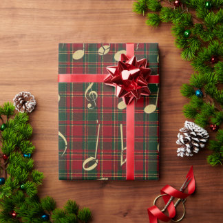 Papel De Regalo Plaid Rojo Festivo y Notas Musicales de Oro Navida