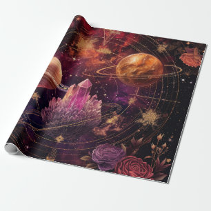 Papel De Regalo Planeta Floral Cósmico Nebulosa Púrpura Espacio