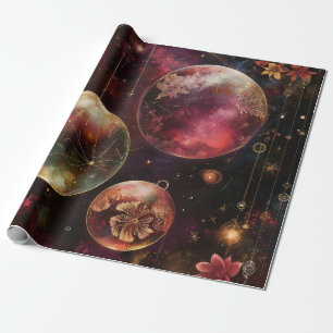 Papel De Regalo Planeta Galaxia Floral Cósmica Cristal Púrpura