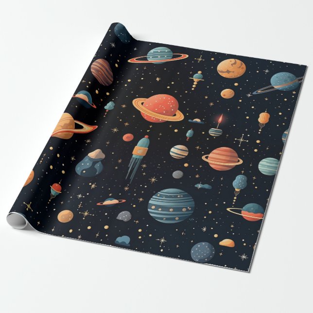 Papel De Regalo planetas coloridos y diseño espacial. (Desenrollado)