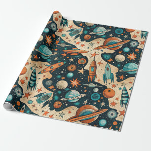 Papel De Regalo Planetas Naranja Verde Claro Cohete Espacial Retro