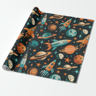 Papel De Regalo Planetas Soñadores Espaciocore Azul Turquesa Naran