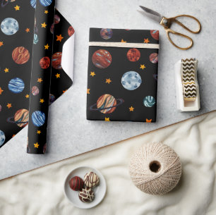 Papel De Regalo Planetas y estrellas de acuarela en el espacio ult