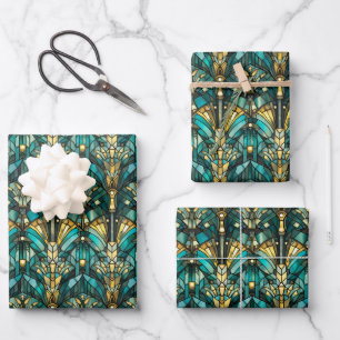 Papel de regalo plano Art Deco dorado y teal