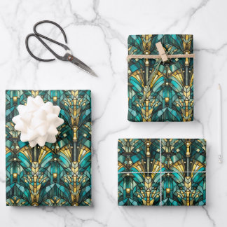Papel de regalo plano Art Deco dorado y teal